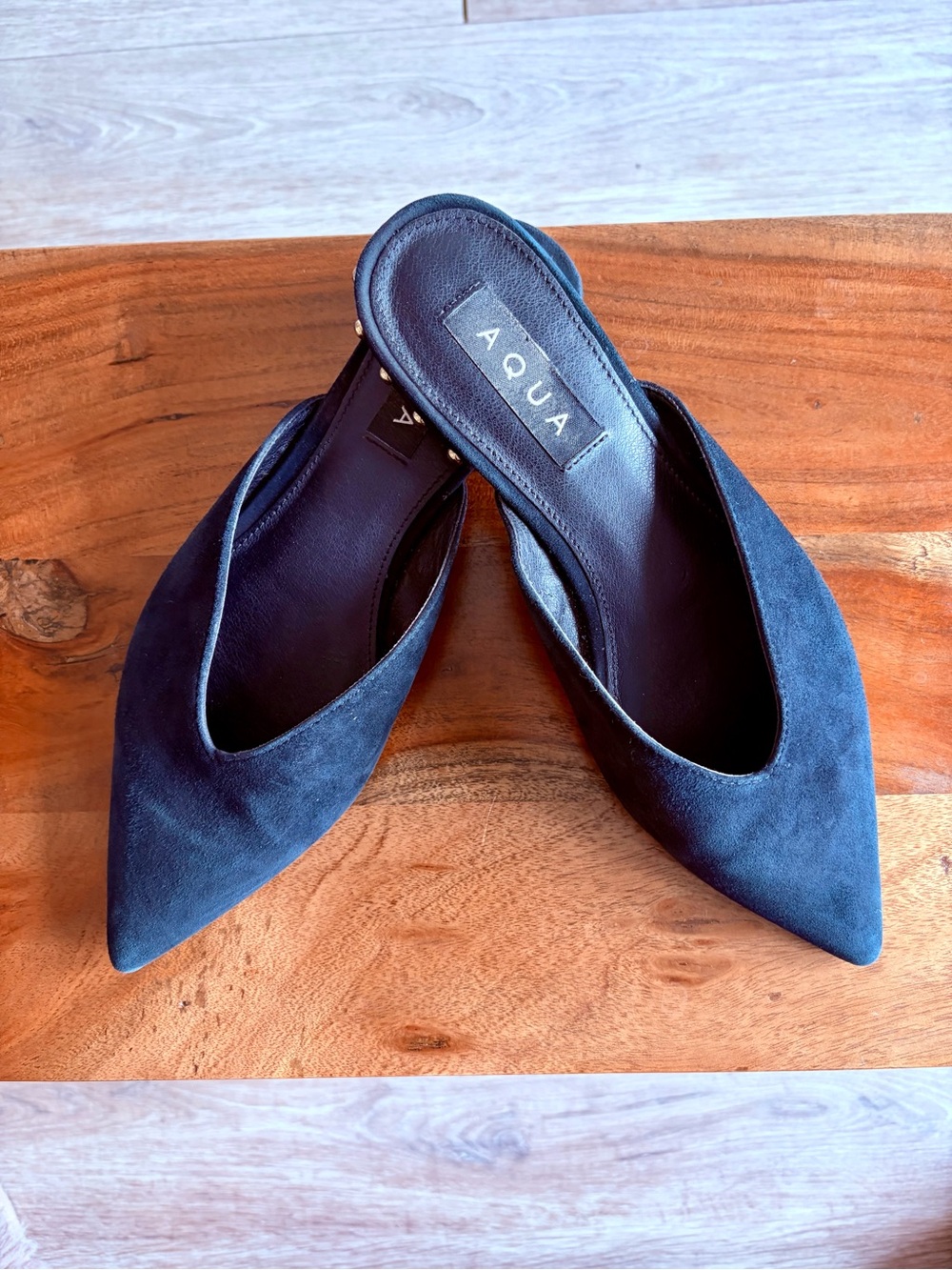 Aqua Black Pointed Suede Slip-On Mules